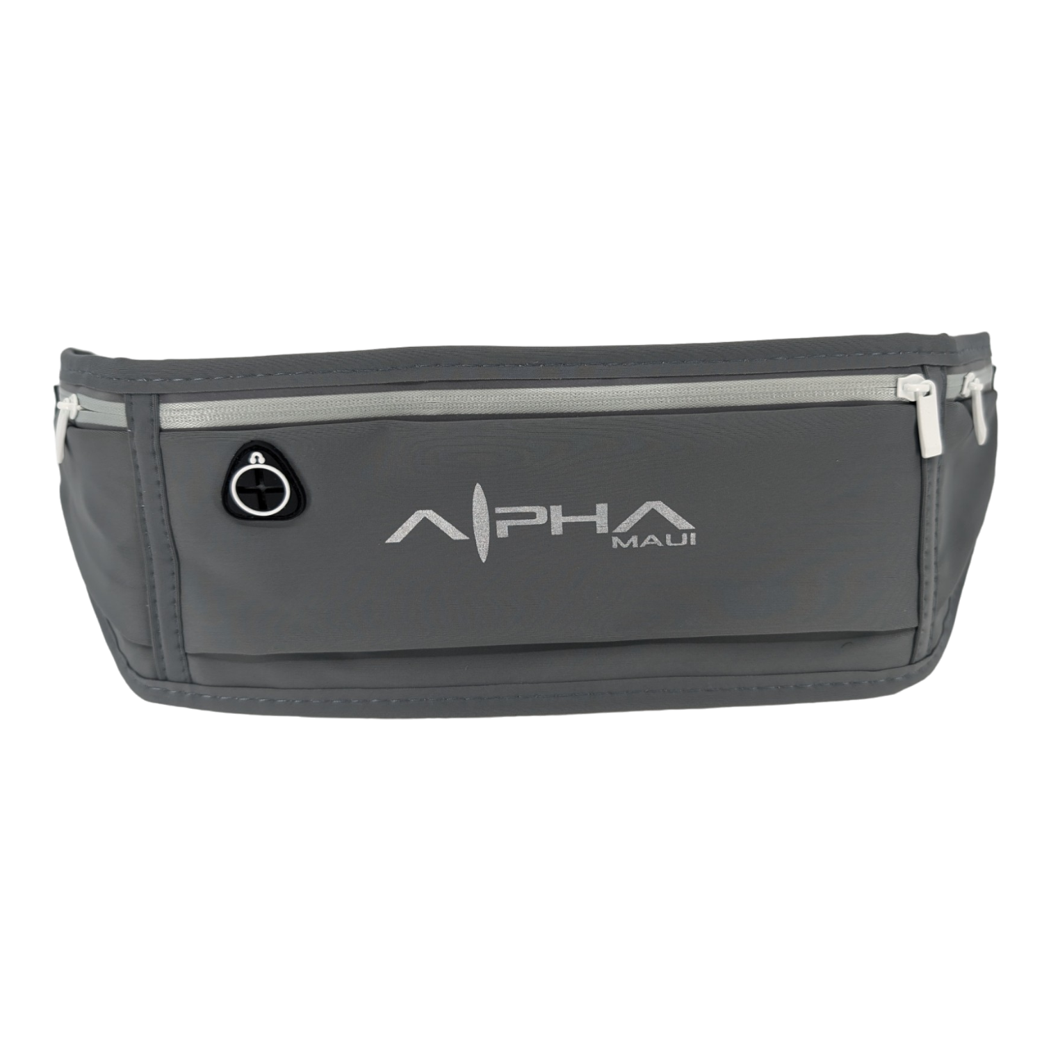 Introducing the Alpha Waist Pack, a sleek and functional gray waist bag with the brand name "Alpha Maui" printed on the front. Perfect for beach apparel, it features multiple zippered compartments and an earphone hole on the left side. This design is ideal for your next Aloha adventure in Hawaii.