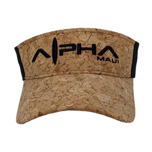 The Alpha Maui Cork Drop is a tan cork visor with black trim and "Alpha Maui" in black stylized text on the front, making it the perfect addition to your beach apparel collection.