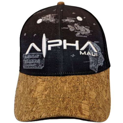 The Alpha Maui X-Ray Islander is a black and brown baseball cap with "Alpha Maui" emblazoned in large white letters, perfect for beachwear. The black fabric showcases a map design, complemented by a distinctive brown cork visor. It's ideal for displaying your Aloha spirit on sun-drenched days.
