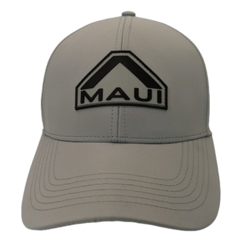 The Alpha Maui Silver Surfer baseball cap is light gray with a black and white embroidered patch on the front, displaying the text "Alpha Maui" beneath a stylized mountain-shaped graphic. Perfect for your beach apparel, the cap features white stitching and a curved brim.