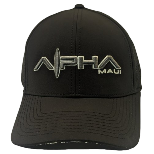 This black baseball cap, named Waimana, features "Alpha Maui" embroidered in white on the front. Perfect for beachwear, it showcases a stylized pattern with a vertical line integrated into the "A" of "Alpha". The cap includes a curved brim and mesh back panels, exuding Aloha spirit from Hawaii.