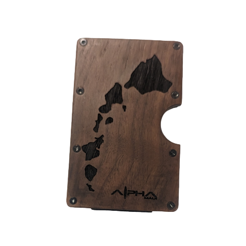 Introducing the Alpha Clip: a wooden card holder featuring a laser-etched geographical map of Hawaii with "Alpha" text elegantly engraved at the bottom. This stylish holder is designed with metal rivets at the corners and a convenient side notch for easy access to your cards, infusing an Aloha spirit into your daily essentials.
