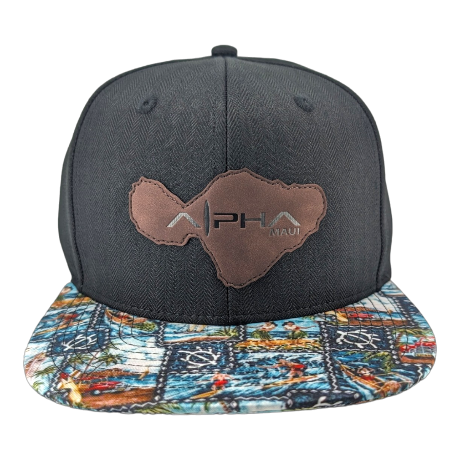 A black baseball cap with a map patch of the Hawaiian island of Maui and the word "Maui" prominently displayed on the front. The brim features a colorful, detailed design with various tropical and cultural imagery. Perfect beach apparel, this Alpha Maui hat has a solid black background.