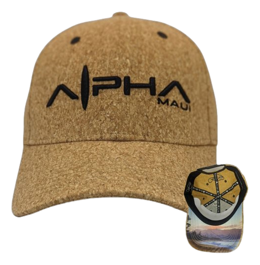 Tan cork baseball cap, named "Cool Vibes," featuring "Alpha Maui" in black letters on the front. The inset image displays the underside of the brim adorned with a distinctive, artistic Hawaii design.