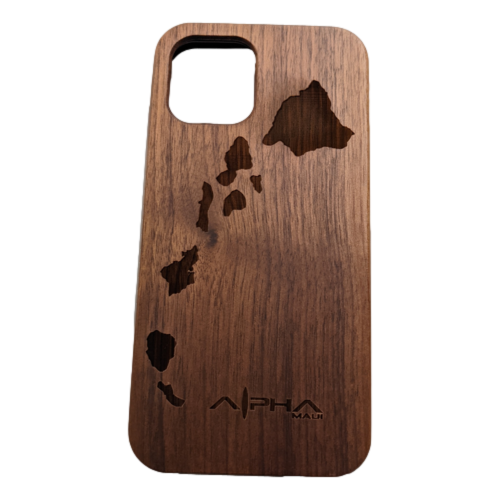 A wooden phone case designed with a cutout map of the Hawaiian Islands and "Alpha Maui Band - Zebrawood 42mm (42-49mm)" engraved at the bottom. The case, exuding beach-inspired vibes, is made from smooth, polished zebrawood that highlights its natural grain patterns.