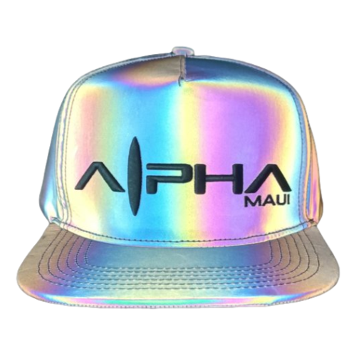 A shiny, iridescent snapback hat called "Alpha Maui The Commander," boldly emblazoned with "Alpha Maui" on the front. Perfect for beach apparel, the fabric reflects a spectrum of colors, creating a vibrant, holographic effect that's ready to shout "Aloha!