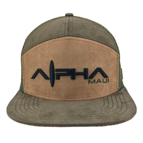 The Alpha Maui Mauka is a khaki and brown trucker-style hat with a suede-like front panel, ideal for complementing your beach apparel. The front proudly displays the "Alpha Maui" logo in bold, black letters. This hat, capturing the essence of Aloha, also features a flat brim with detailed stitching.