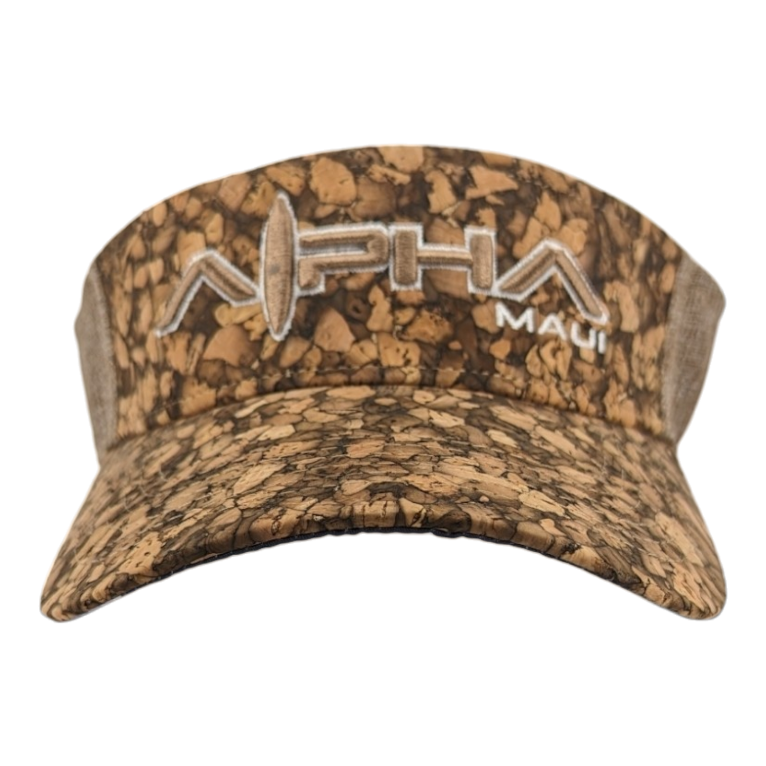 The Alpha Maui Mauka brown camouflage-patterned visor cap features the text "Alpha" and "Maui" embroidered in white on the front. It's perfect for beach apparel, with a unique design that incorporates a surfboard into the "A" of "Alpha," capturing the Aloha spirit of Hawaii.