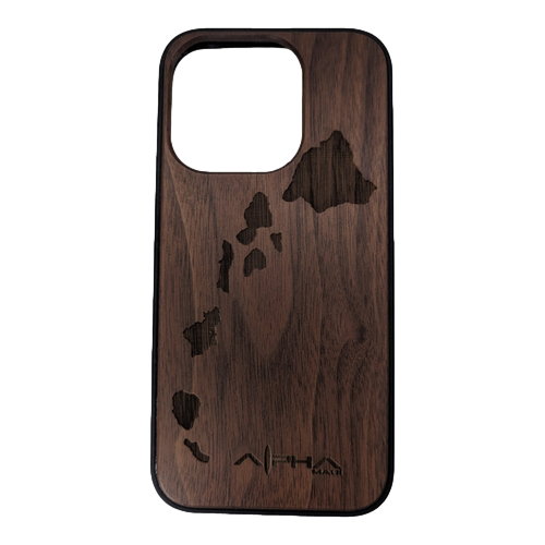 The Alpha Maui iPhone 15 Case is a wooden phone case with a cutout for the camera. It features an engraving of the Hawaiian Islands and the word "Aloha" beneath a heart rate line, perfectly capturing the spirit of Hawaii. The natural wood grain offers an authentic look and feel, making it ideal for anyone who loves Alpha Maui vibes.