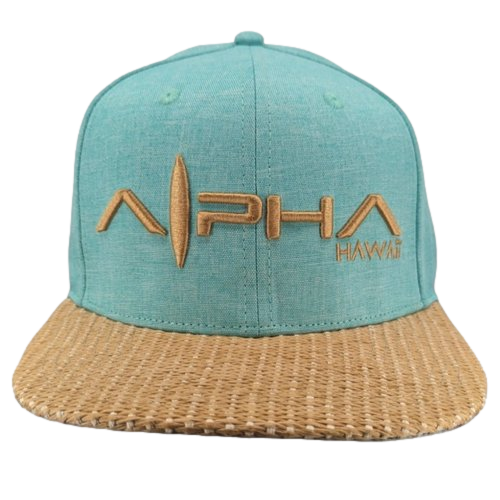 A turquoise tank top with a woven straw-like accent. The front of the tank features the words "Alpha Maui" embroidered in tan, with a surfboard design integrated into the "A" of "Alpha." Perfect for showing your Ohana spirit in Hawaii.