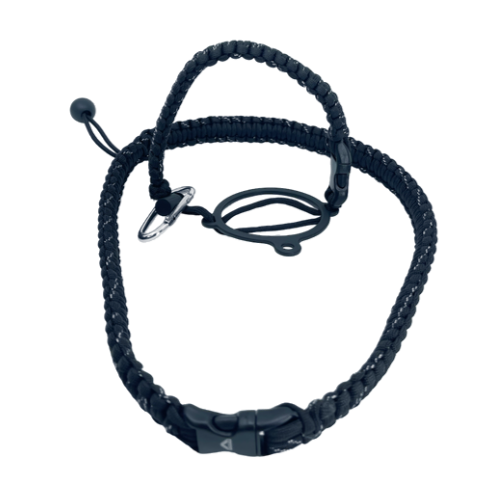 The Alpha Maui Thermo Shoulder Strap is displayed in a dark color with an adjustable loop. It features a durable braided design, a plastic clip for secure attachment, and an adjustable bead—making it a versatile addition to your beach apparel collection.