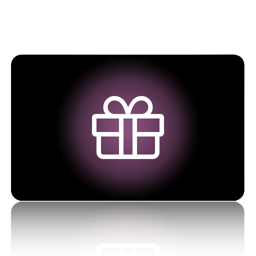 The Alpha Maui Gift Card photo here is rectangular and black with rounded corners. It features a white, gift-wrapped present icon with a bow in the center, highlighted by a soft, glowing purple circle. The card also has a slight reflection at the bottom.