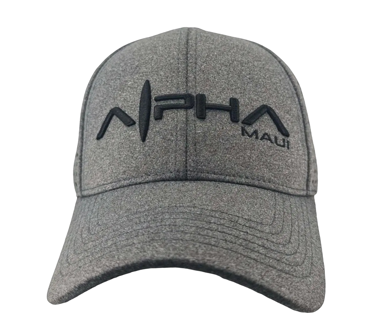 The Alpha Maui Roadster is a gray baseball cap featuring the "Alpha Maui" logo embroidered in black on the front. The logo showcases the word "Alpha" with a stylized vertical line resembling a wave or lightning bolt between the "A" and "L". This cap, ideal for beach apparel, has a curved brim and marled texture that captures Hawaii's relaxed Ohana spirit.