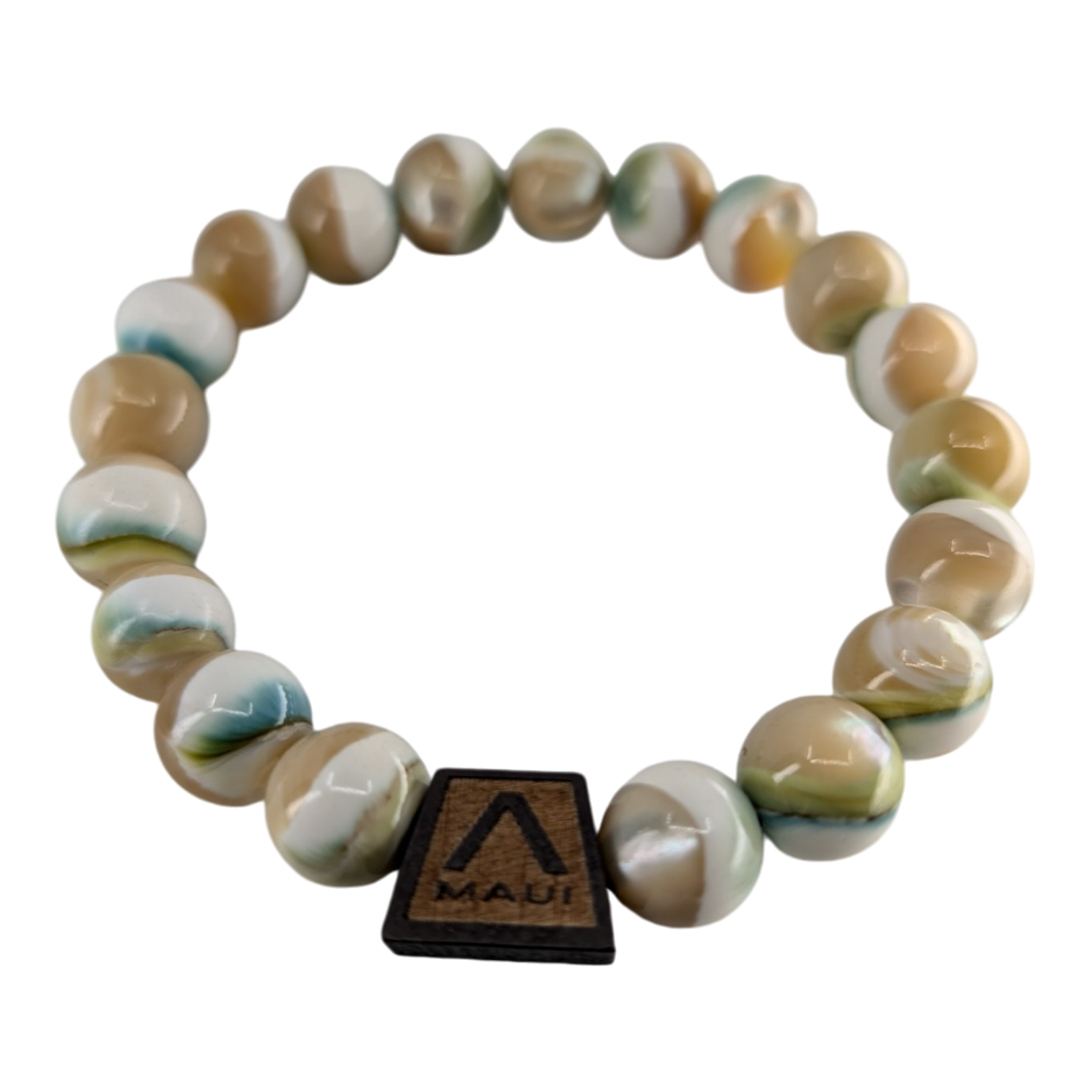 Introducing the Shell Pearlet, a beaded bracelet highlighting smooth, round beads in elegant shades of beige, white, and subtle green hues. It features a small square wooden charm engraved with the word "Maui" and an inverted 'A' logo, embodying the spirit of Ohana and Aloha from Hawaii.