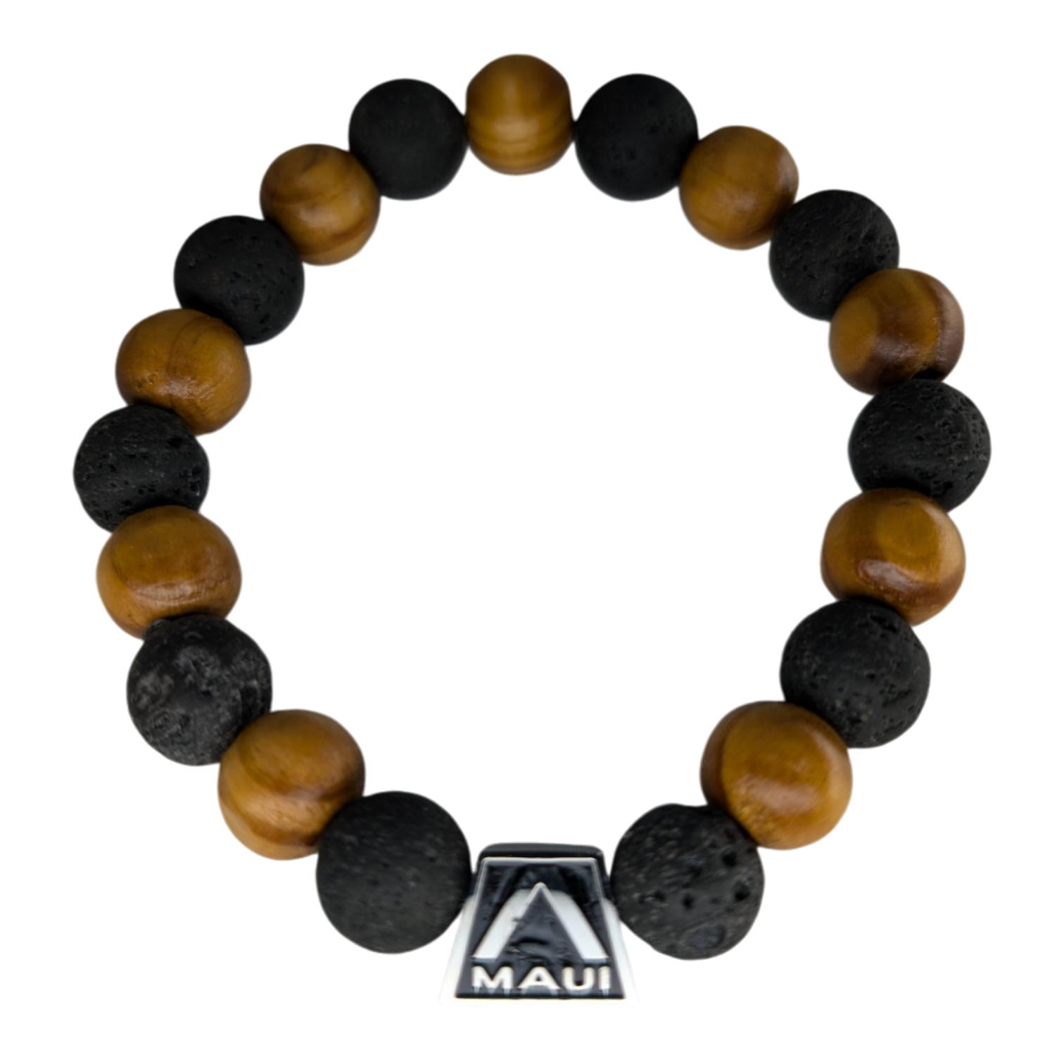 Introducing the Shell Pearlet bracelet, perfect for beach apparel. This exquisite piece features alternating wooden and black lava beads and a distinctive silver pyramid-shaped charm with the word "Maui" engraved below an intricately carved mountain icon, symbolizing Ohana. The bracelet is elegantly arranged in a circular layout.