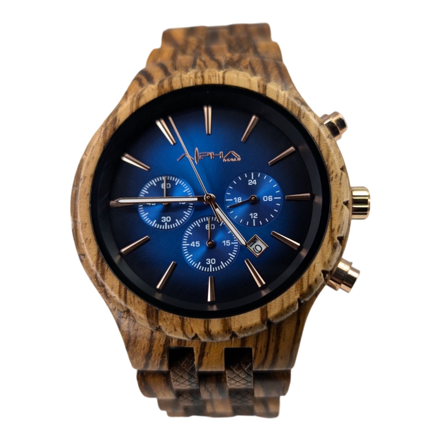 Introducing The Voyager, a stylish wristwatch featuring an elegant wooden band and casing. Its watch face boasts a deep blue hue adorned with three smaller subdials and gold hour markers and hands. Additionally, it includes two push-buttons on the side and a date window positioned between the 4 and 5 o'clock markers.