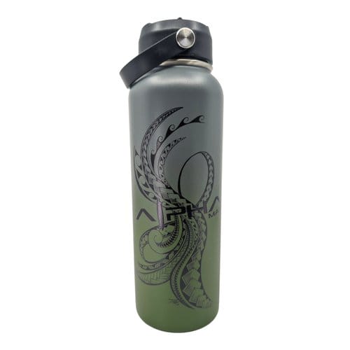 A green and black water bottle with an intricate black octopus design. It has a black lid and a carrying handle.