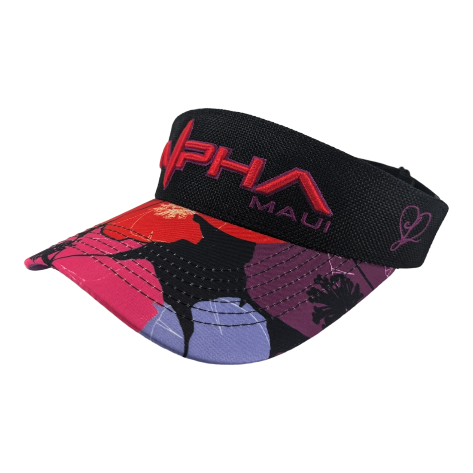 A colorful visor with a black band, featuring the words "ALPHA MAUI" in red. The brim has a vibrant floral and silhouette design in shades of pink, purple, and blue.