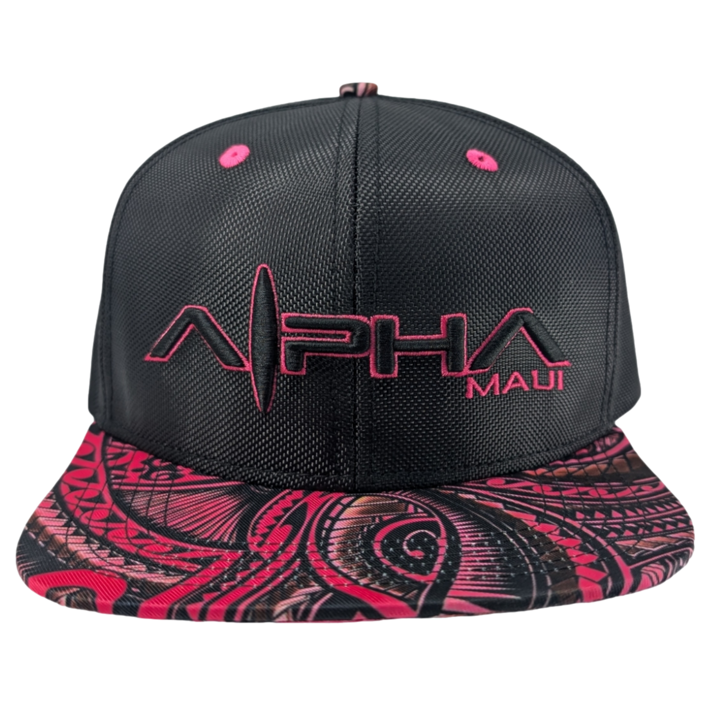 A black and pink cap with the word "ALPHA" and "Maui" embroidered on the front. The brim features an intricate pink and black pattern with swirling designs.