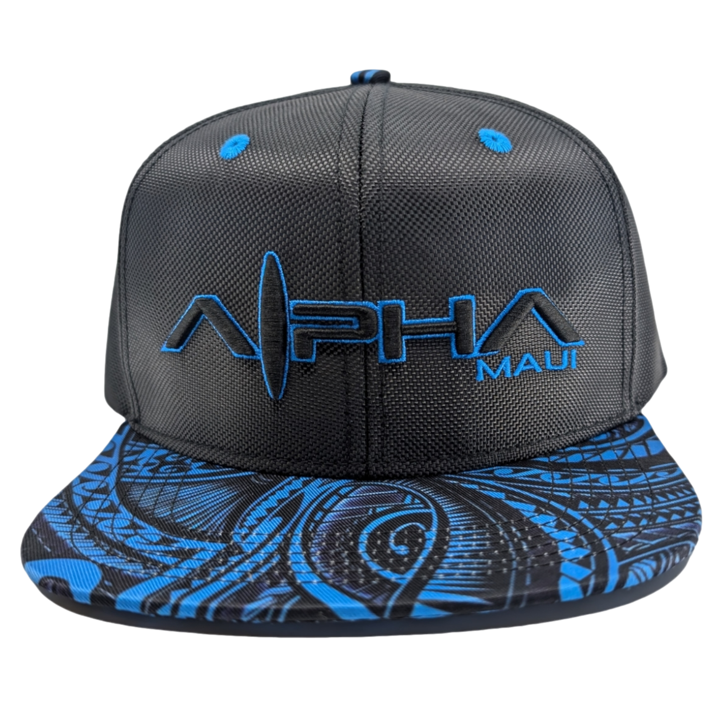 A black snapback cap with blue tribal patterns on the brim. The front displays the text "ALPHA MAUI" in blue embroidery, accompanied by a vertical blue line design next to "ALPHA.