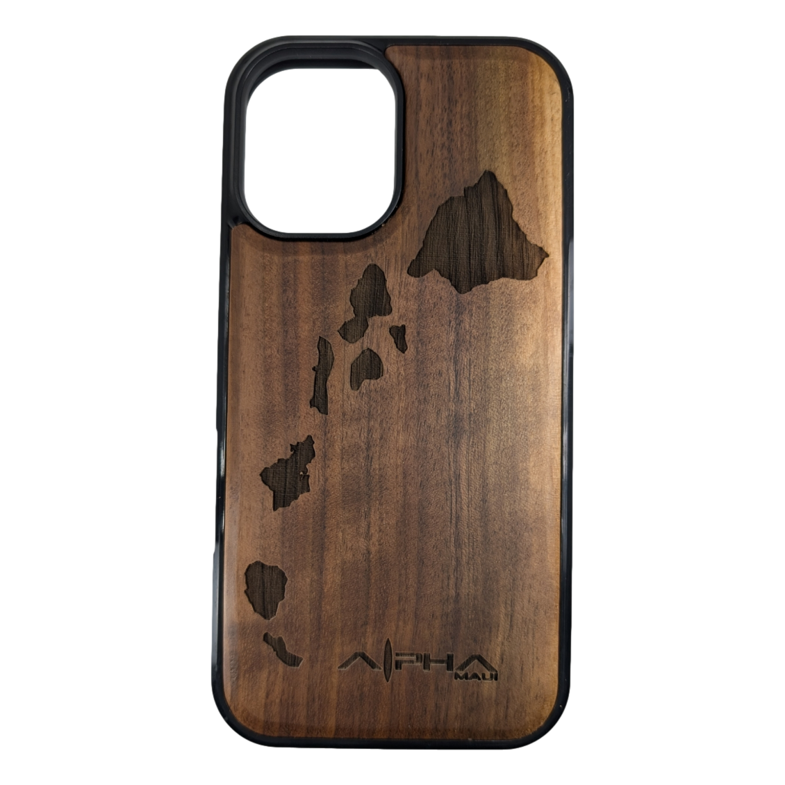 Introducing "The Honu," a wooden phone case exquisitely carved with a map of Hawaii's islands. This design highlights the intricate details of each island set against the natural wood grain, topped off with the distinctive "Aloha Maui" logo at the bottom.