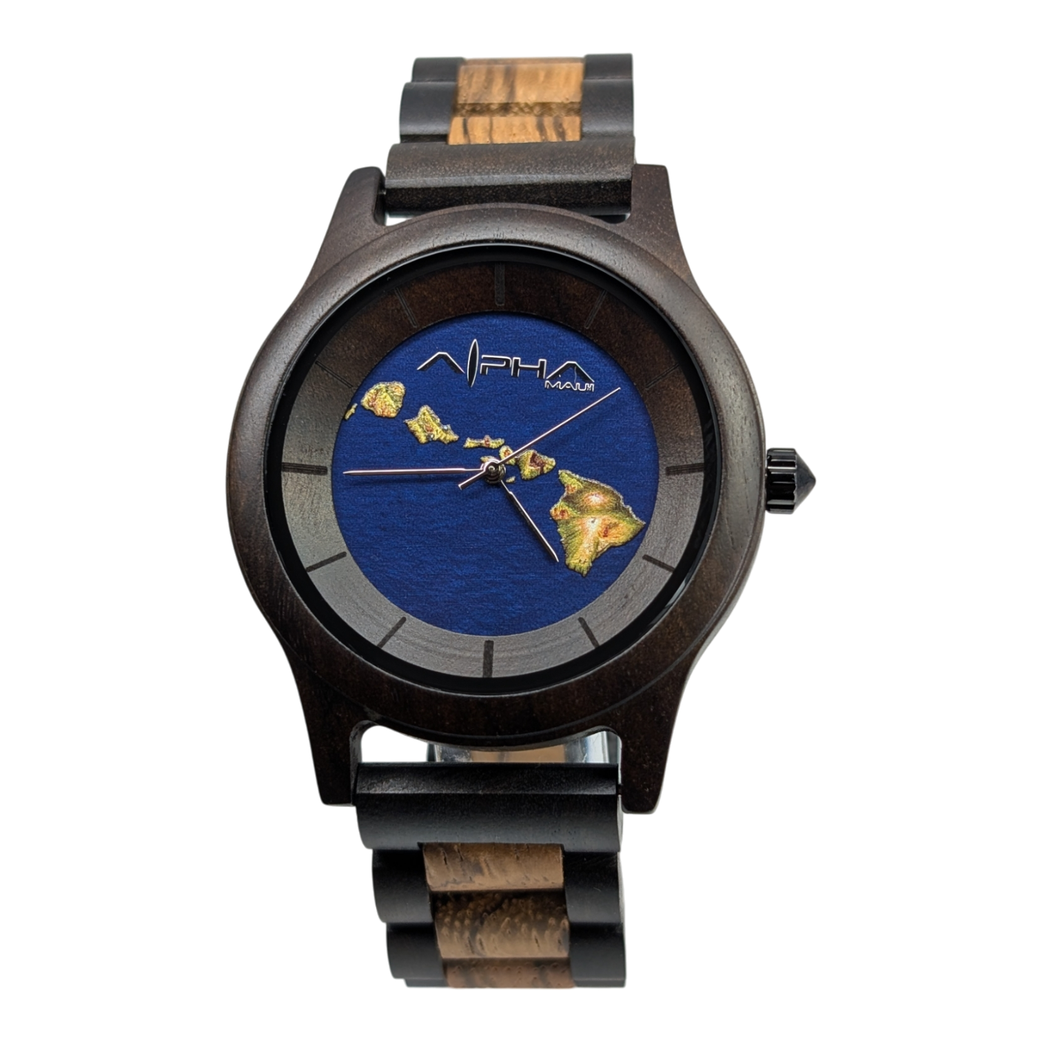 A wristwatch with a dark wooden band and a blue watch face featuring a map of the Hawaiian Islands in gold. The hour and minute hands are silver, and there's a logo above the map. The watch has a rustic, natural aesthetic.