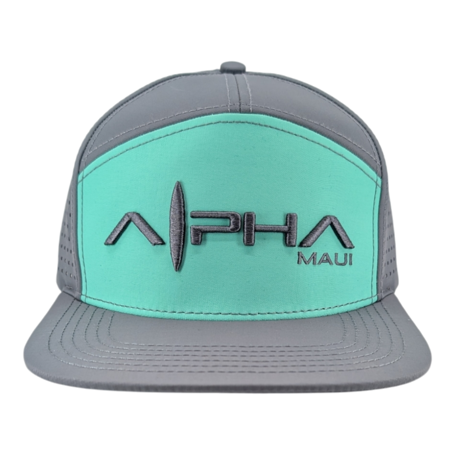 The Alpha Maui Mach-1 Racer is a gray and teal baseball cap with "ALPHA MAUI" embroidered on the front, featuring a vertical line within the letter "H." It includes gray mesh sidings.